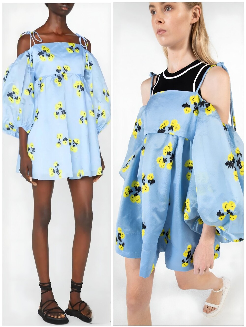 Tanya Taylor Blue Yellow Floral Puff Sleeve Marisa Dress, 8